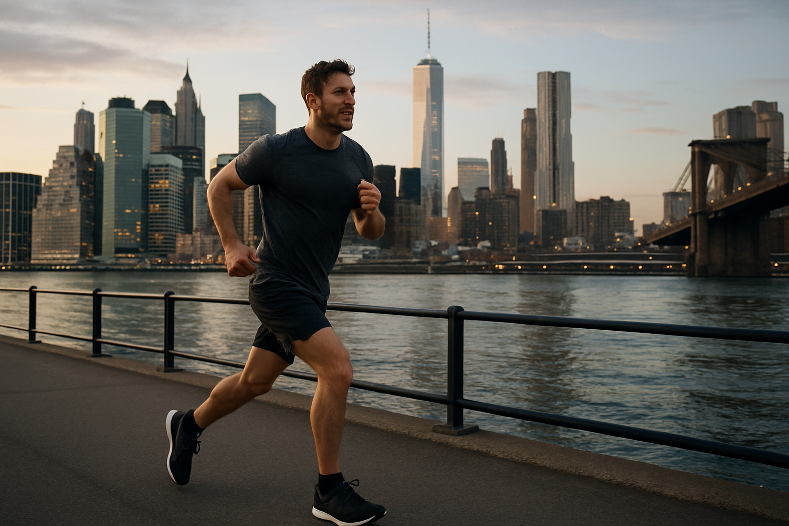 give me a picture of man running on the street with a view in the back of the skyline of new york city. River next to him. Make it realistic.